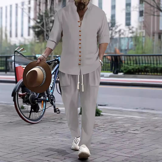 Men's Casual Button-Up Shirt and Relaxed Fit Pants Set Chic and Style