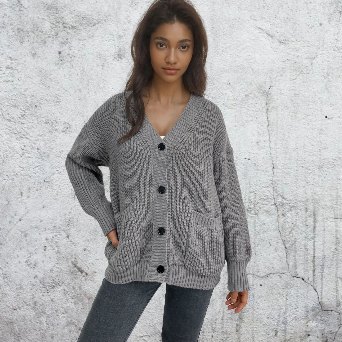Dames gros tricot cardigan avec poches et détails de boutons Chic und Stil
