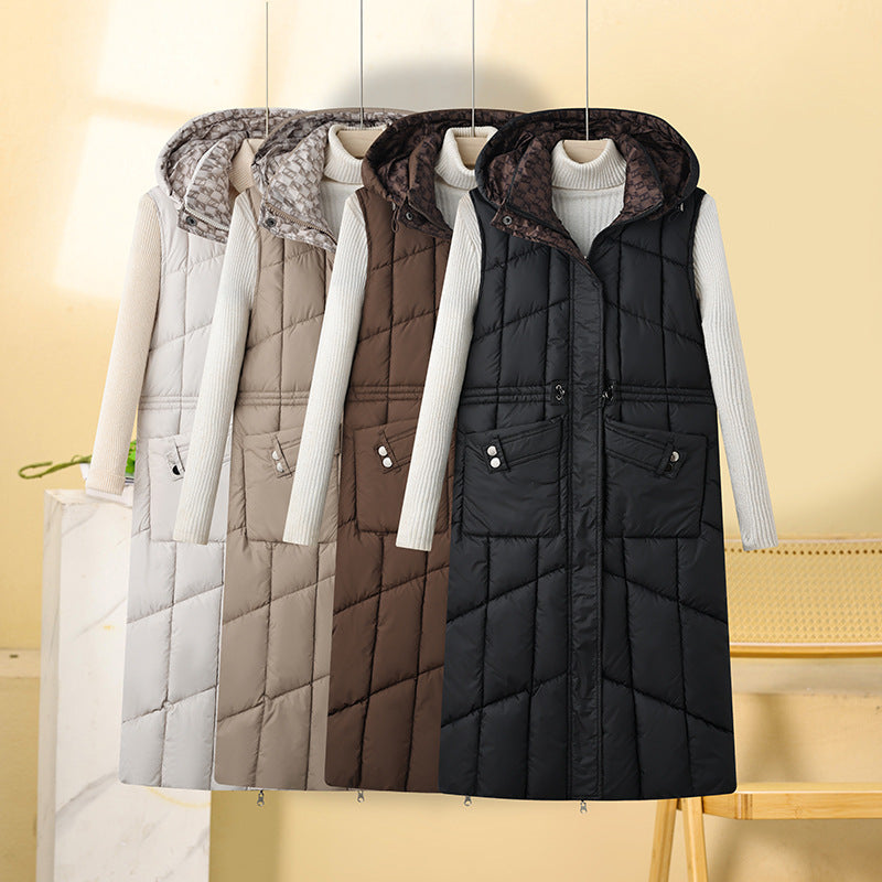 Dames gilet matelassé long avec capuche et cordon pratique Chic und Stil