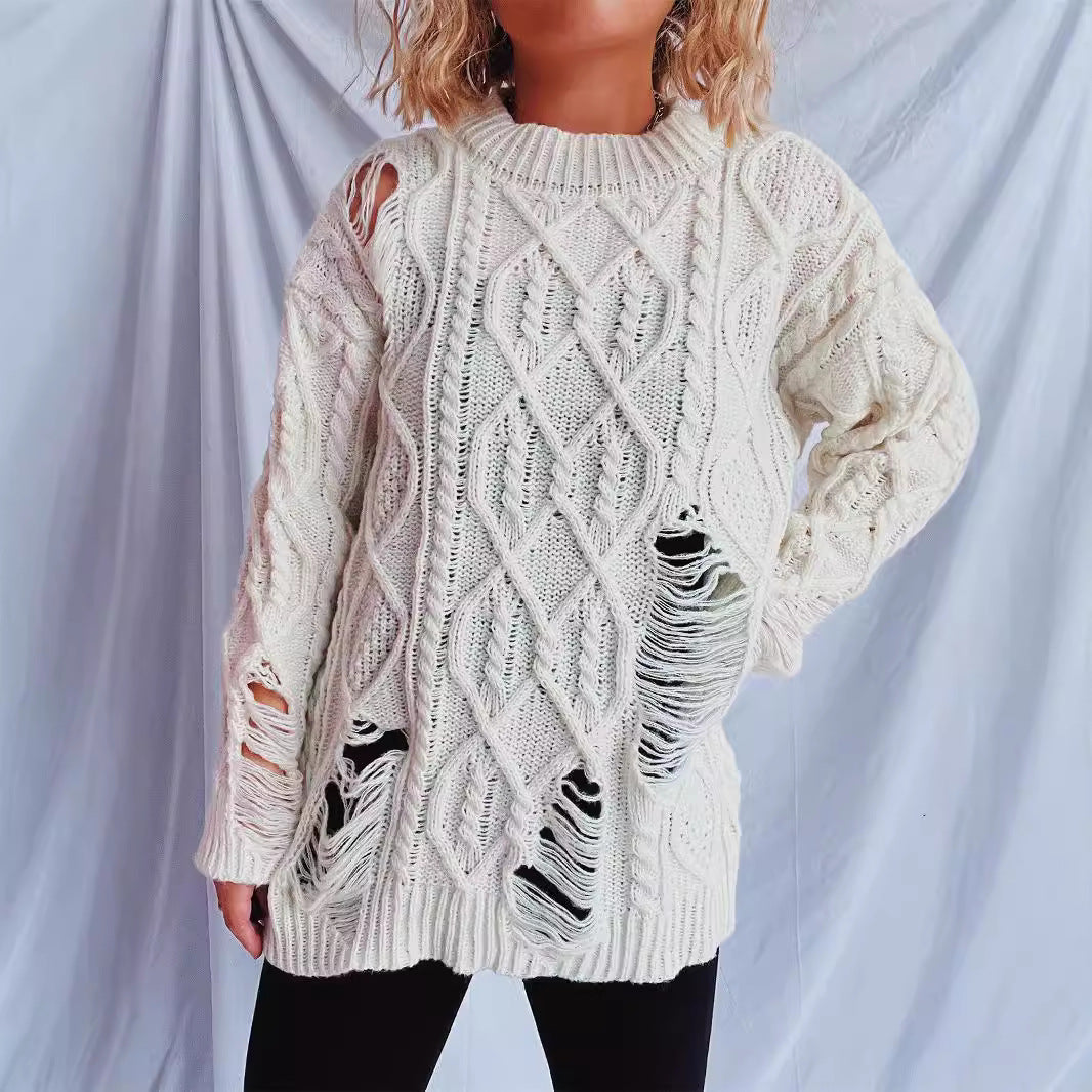 Pull en grosse maille pour femmes avec un motif de torsade unique et des détails effilochés Chic und Stil
