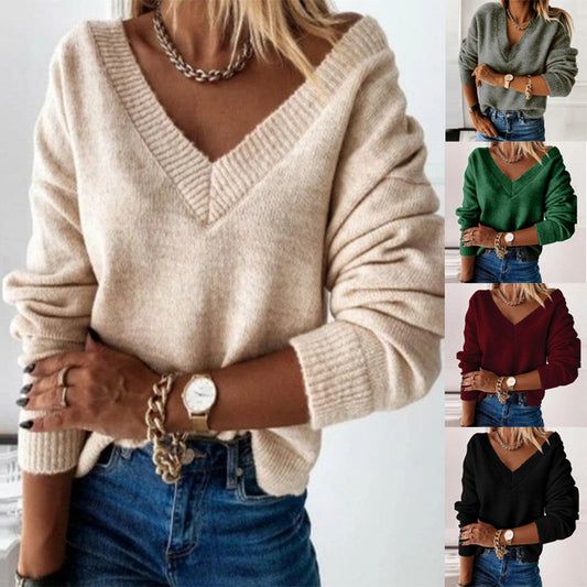 Pull femme décontracté à col en V en tricot doux Chic und Stil
