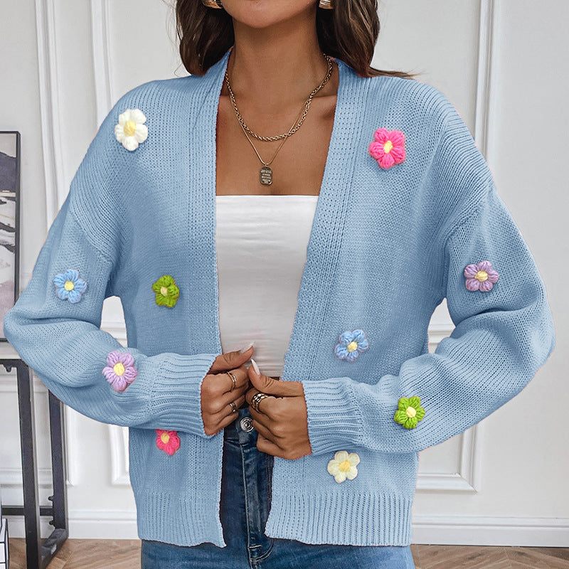 Dames cardigan en tricot décontracté avec appliqués de fleurs colorées Chic und Stil