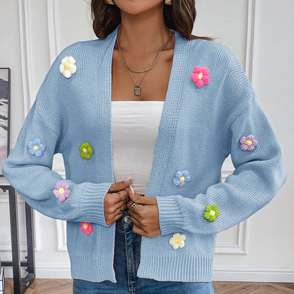 Dames cardigan en tricot décontracté avec appliqués de fleurs colorées Chic und Stil
