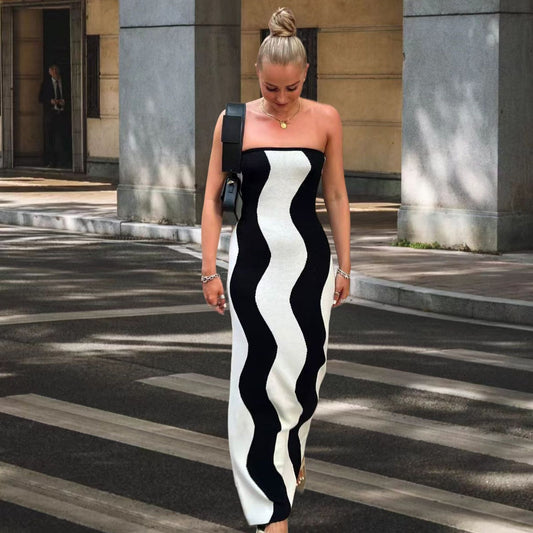 Robe maxi à manches longues pour femmes avec design ondulé et fente latérale Chic und Stil