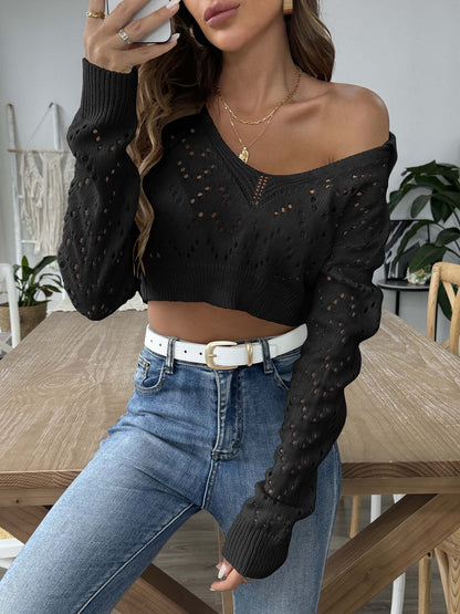 Pull à col en V en tricot pour femmes coupé court Chic und Stil