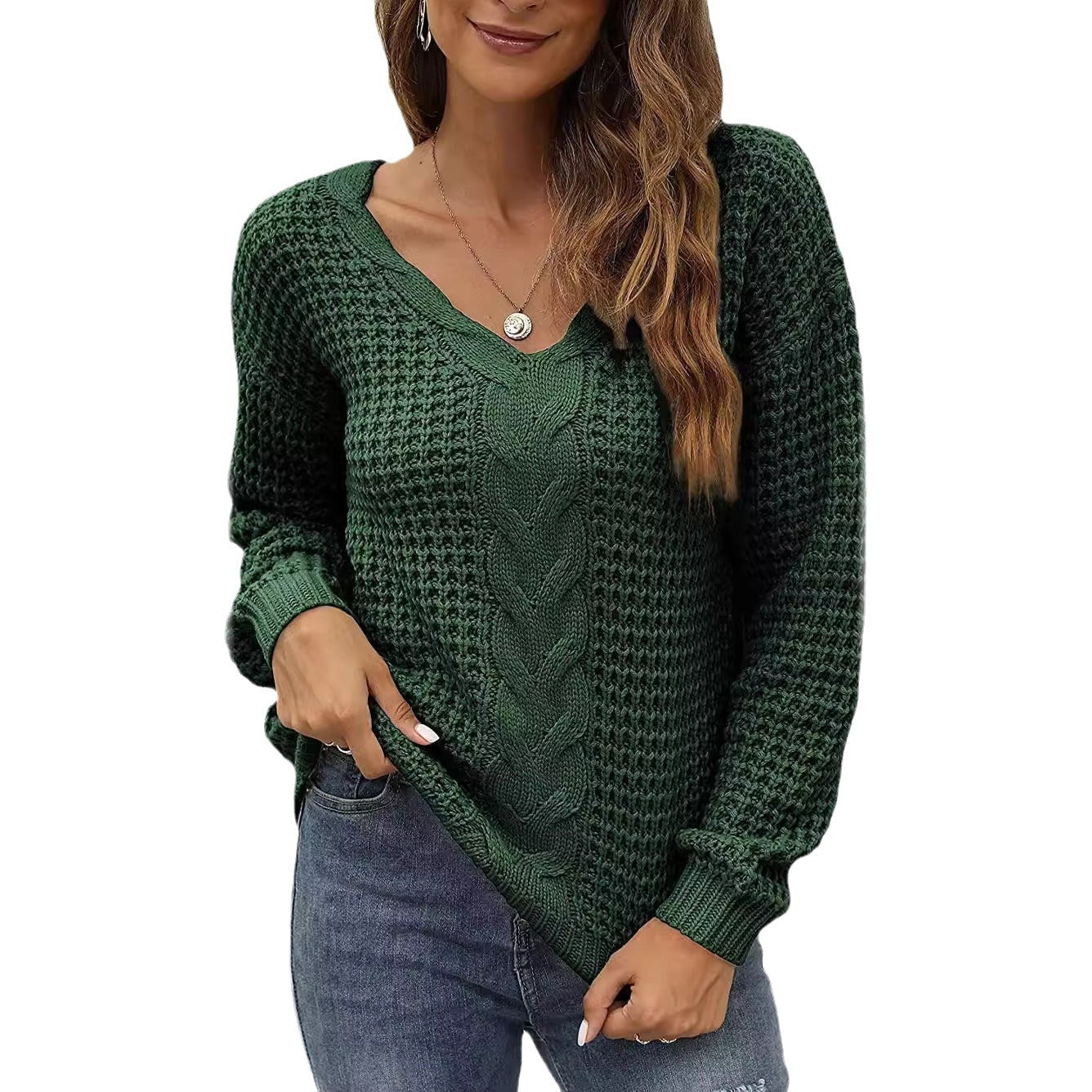 Pull-over en tricot décontracté pour femmes avec décolleté en V plongeant et motif de torsades détaillé Chic und Stil