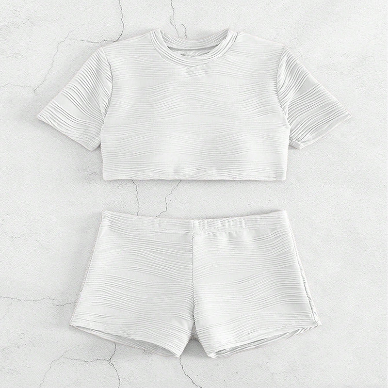 Ladies ribbed texture crop top and high-waisted shorts Chic and Style