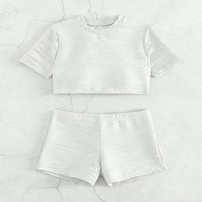 Ladies ribbed texture crop top and high-waisted shorts Chic and Style