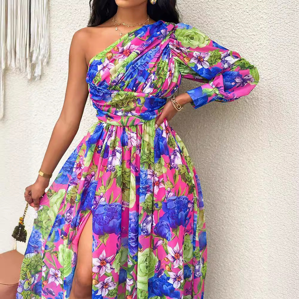 Robe maxi élégante à épaule unique florale Chic und Stil