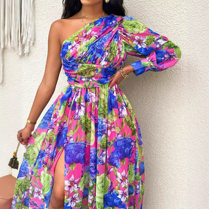 Robe maxi élégante à épaule unique florale Chic und Stil