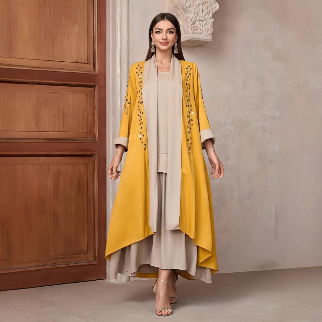 Dames Élégante longue veste Kaftan avec accent floral Chic und Stil