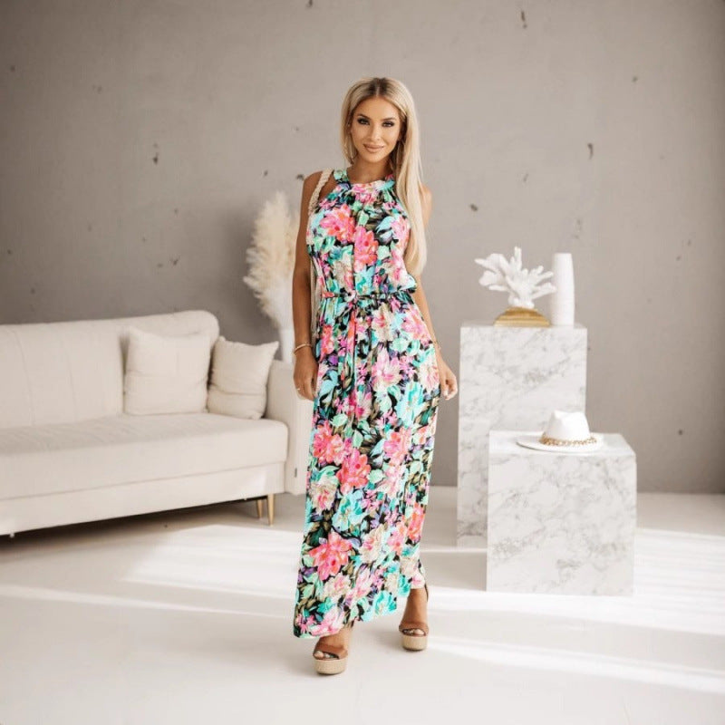 Robe Maxi Florale Femme avec Design à Encolure Halter Chic und Stil
