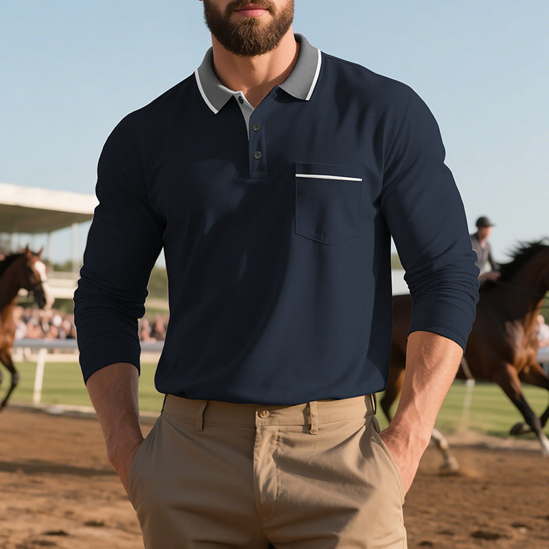 Chemise polo à manches longues pour hommes, mode, avec surface texturée et poche poitrine pratique Chic und Stil