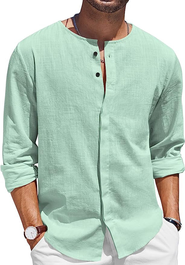 Chemise en lin pour hommes avec col montant décontracté et patte de boutonnage Chic und Stil