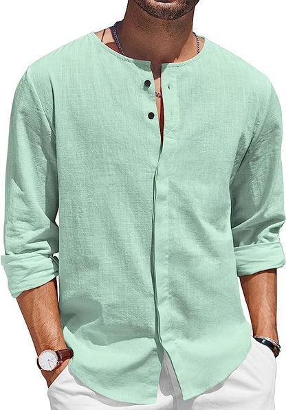 Chemise en lin pour hommes avec col montant décontracté et patte de boutonnage Chic und Stil