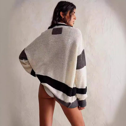 Cardigan en tricot décontracté pour femmes avec grandes poches et rayures contrastées élégantes Chic und Stil