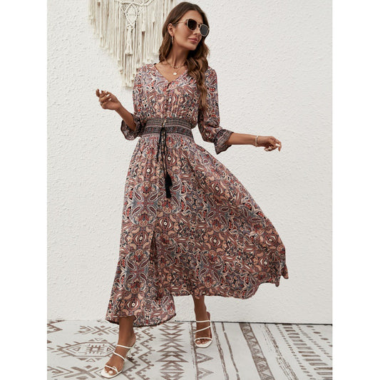 Dames Élégant Bouton-Up Maxi Robe avec Fente Latérale et Taille à Cordon Chic und Stil