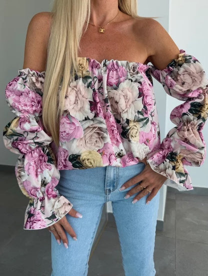Blouse à fleurs off-shoulder pour femmes avec manches ballon Chic und Stil