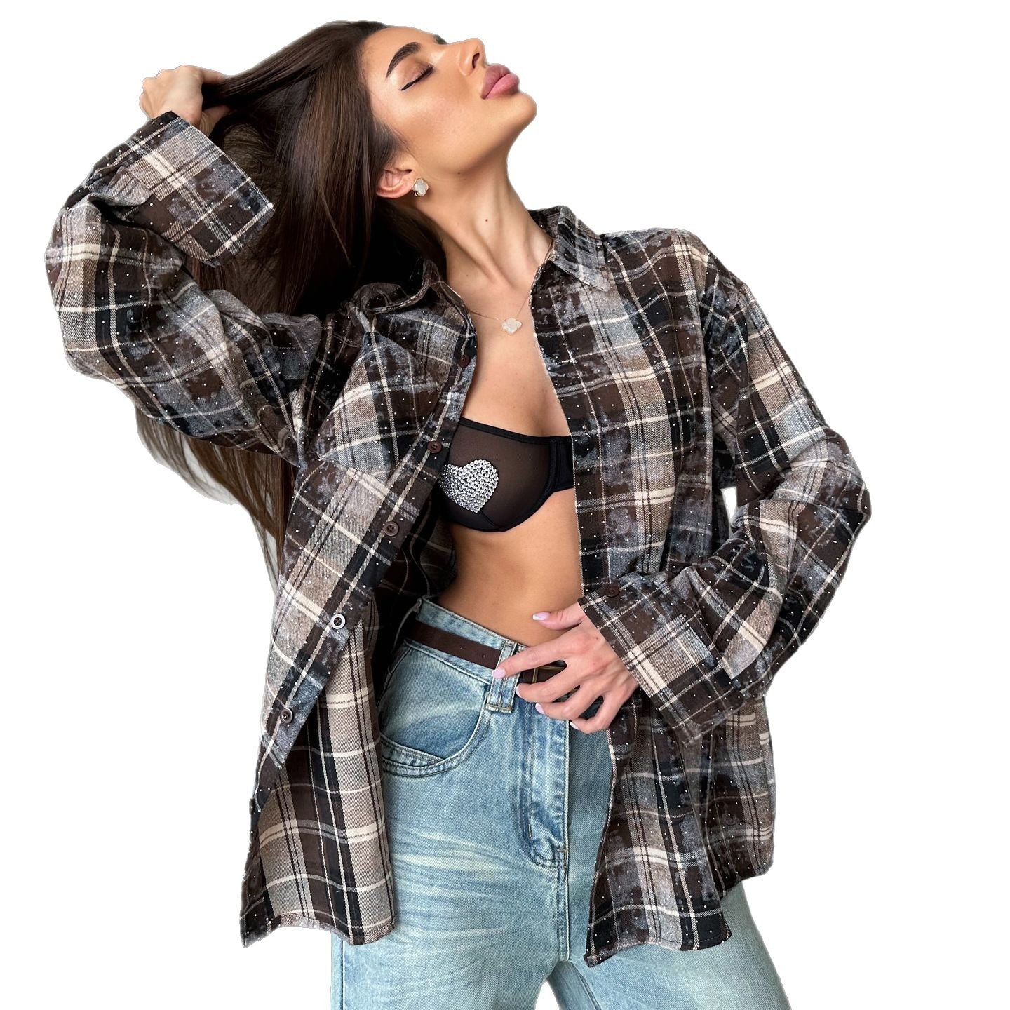 Dames Chemise à Carreaux Chic und Stil