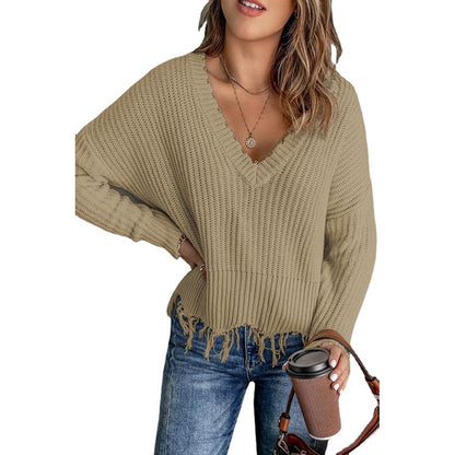 Femme Pull en tricot décontracté avec décolleté en V et ourlet à franges Chic und Stil