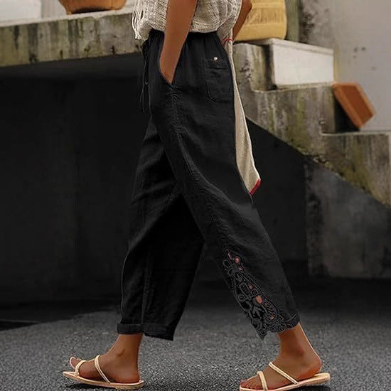 Airy linen trousers for ladies with decorative embroidery Chic and Style