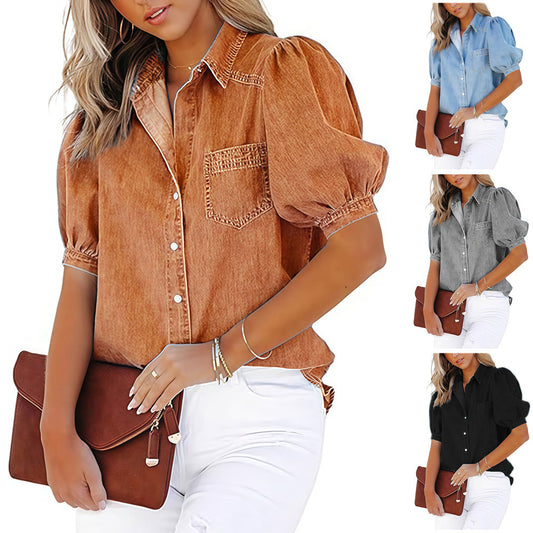 Blouse en denim décontractée pour femmes avec des manches bouffantes et une poche poitrine pratique Chic und Stil