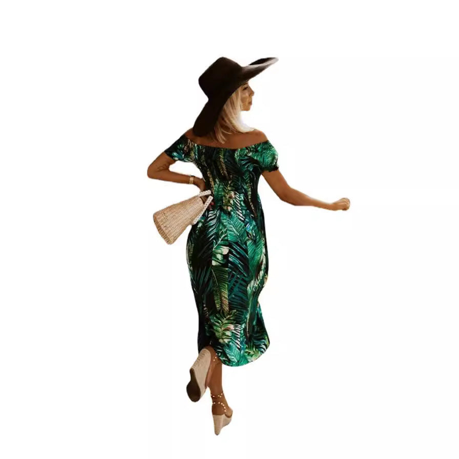 Robe maxi off-shoulder pour femmes avec des feuilles tropicales Chic und Stil