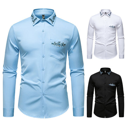 Chemise à manches longues pour hommes avec une élégante broderie florale et un col moderne Chic und Stil