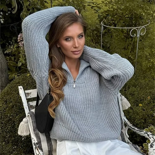 Pull femme en tricot épais avec col montant et fermeture éclair Chic und Stil
