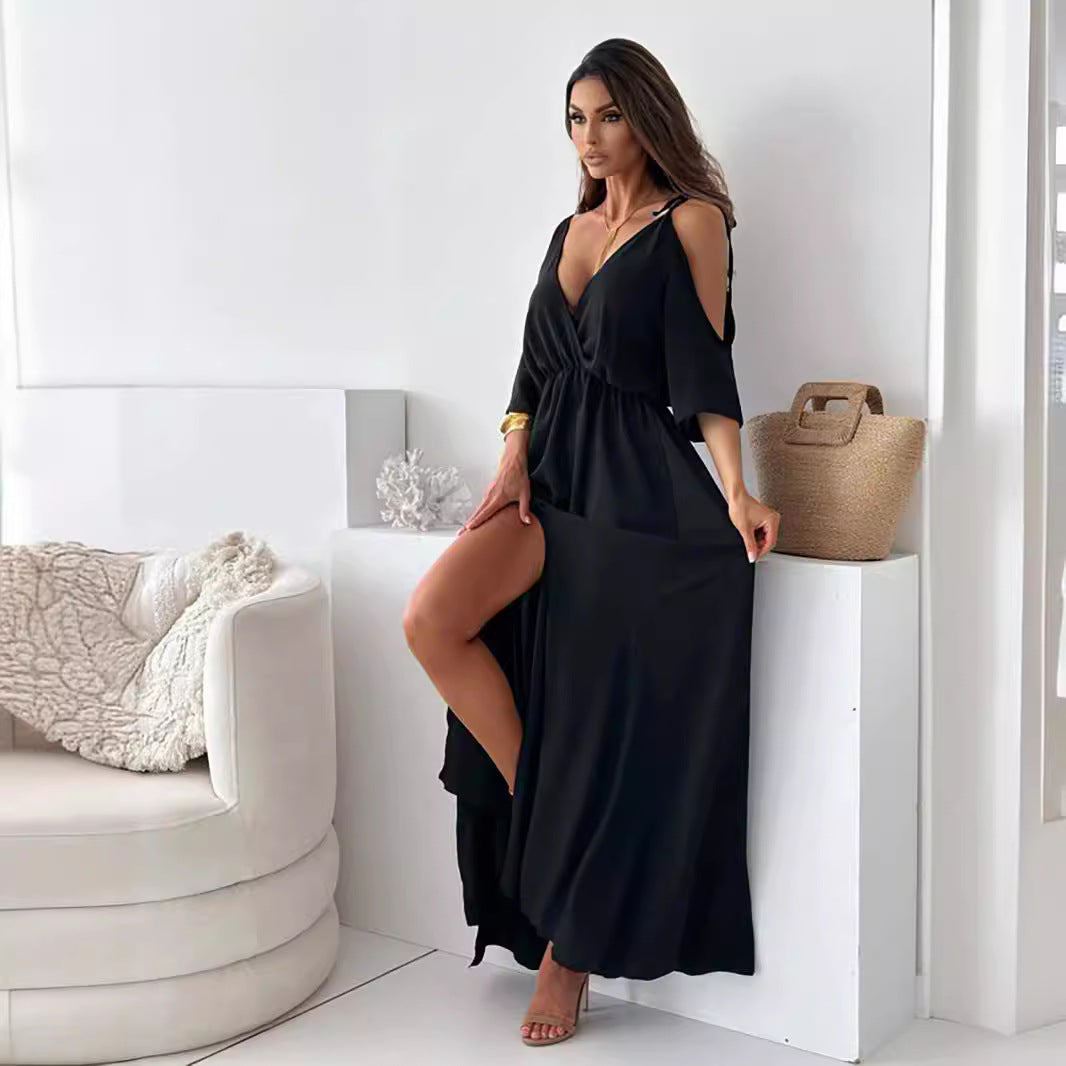Robe maxi élégante pour femmes avec décolleté en V profond et fente Chic und Stil