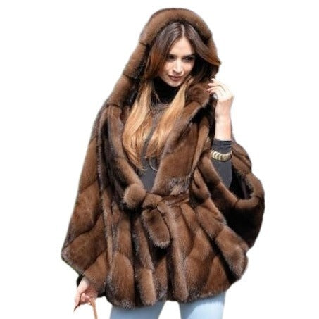 Dames Élégant Cape en Faux Fourrure avec Capuche Volumineuse et Ceinture Chic und Stil