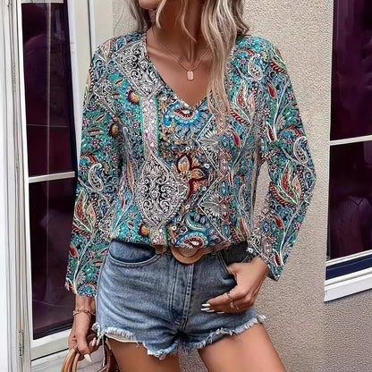 Dames Élégante blouse avec motif paisley accrocheur et décolleté en V Chic und Stil