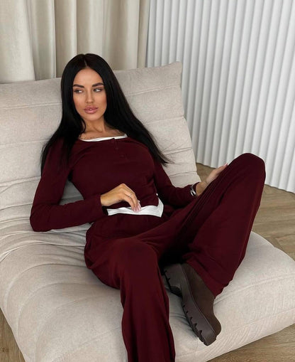 Fashionable lounge set for women with a versatile top and chic elastic pants.