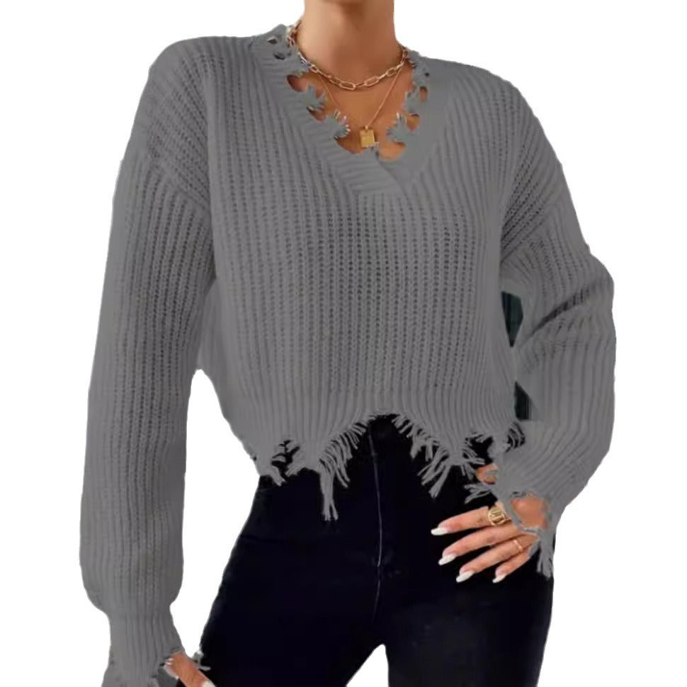 Pull-over en tricot oversize pour femmes avec ourlet à franges et décolleté raffiné Chic und Stil