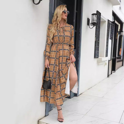 Robe maxi à motifs écossais pour femmes avec ceinture à la taille et volants Chic und Stil