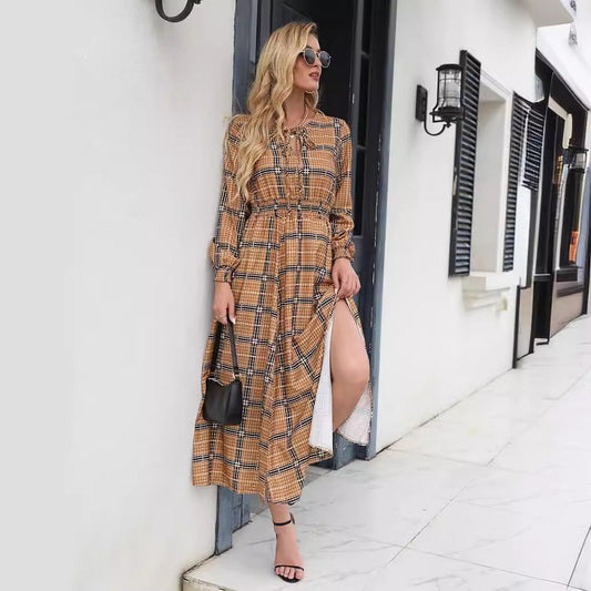 Robe maxi à motifs écossais pour femmes avec ceinture à la taille et volants Chic und Stil