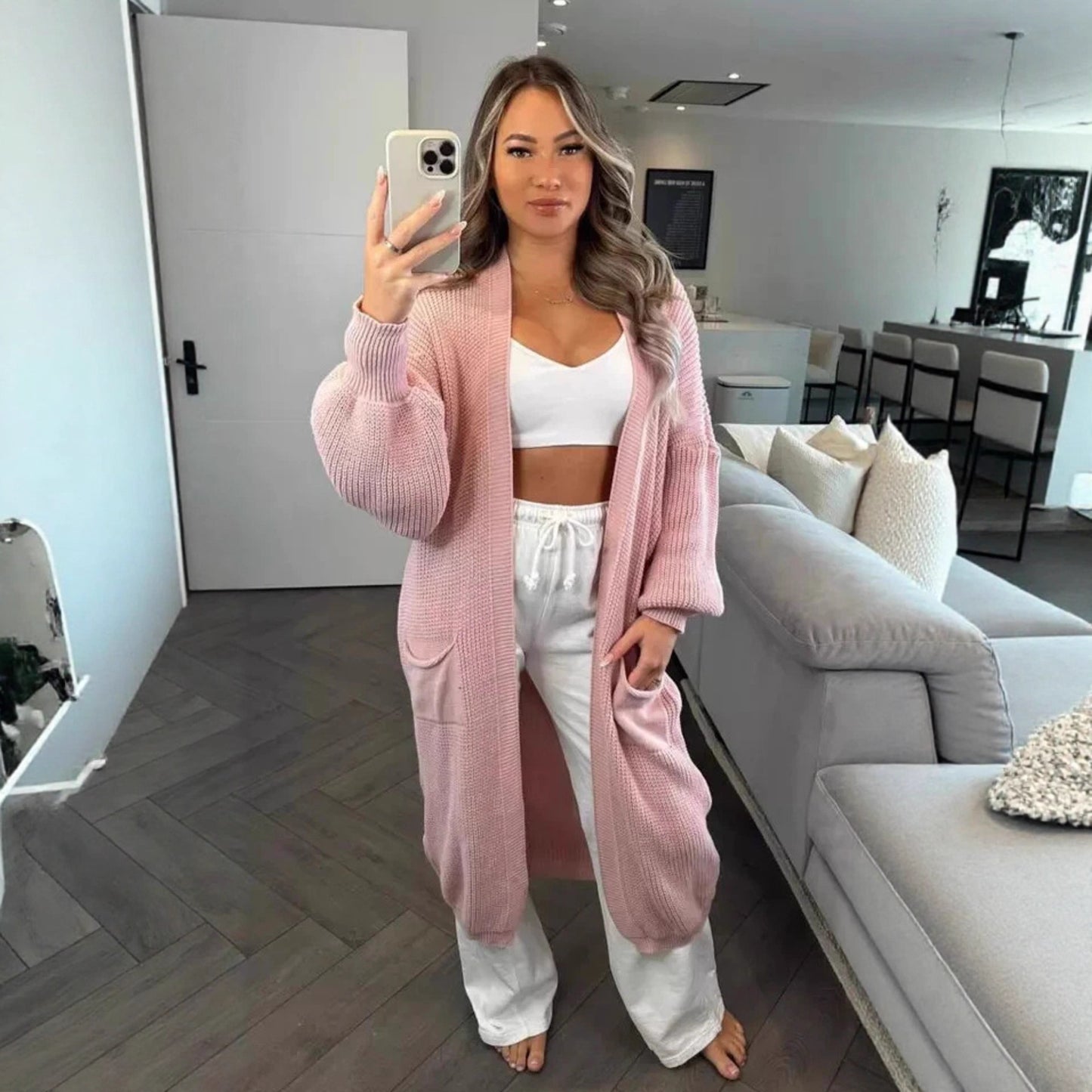 Dames Grande manteau en tricot avec manches longues et poches pratiques Chic und Stil