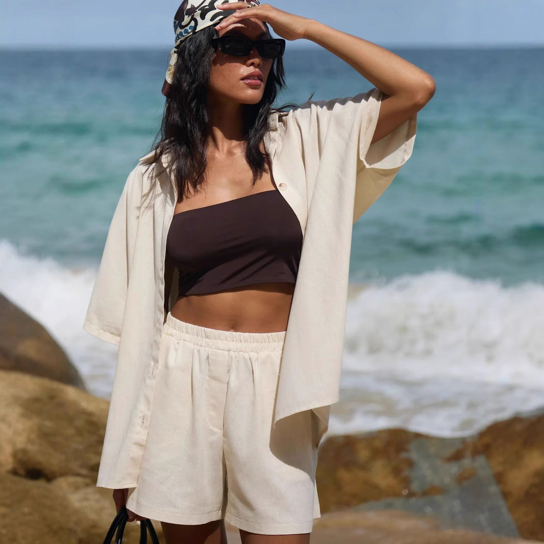 Women lightweight beach outfit with short sleeve blouse and shorts Chic and Style