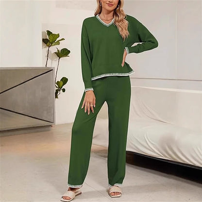 Ensemble pull et pantalon à col en V confortable pour femmes Chic und Stil