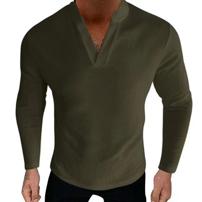 Chemise Henley à manches longues pour hommes en tissu en coton texturé avec un décolleté en V moderne Chic und Stil