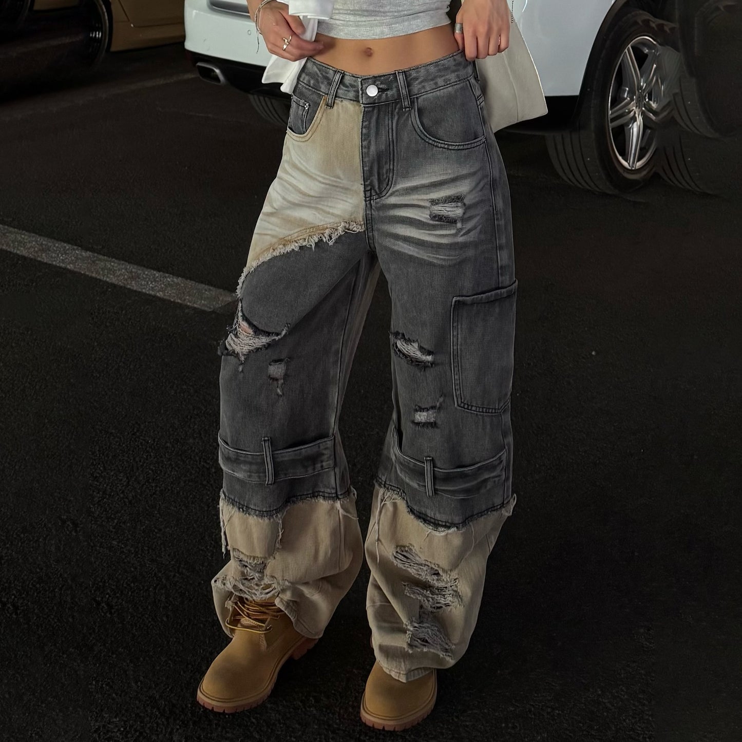 Dames Cargo-Jeans avec un lavage unique et des détails déchirés Chic und Stil