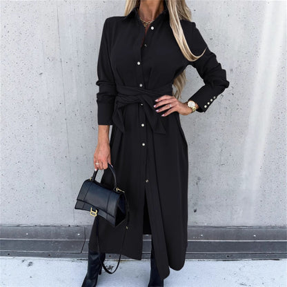 Dames Robe Midi Élégante avec Ceinture et Patte de Boutonnage Chic und Stil