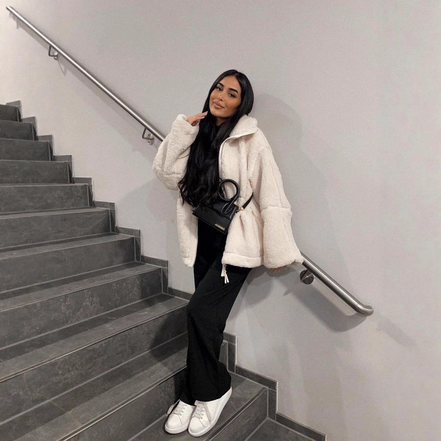 Women's comfortable plush jacket with high collar, chic and stylish