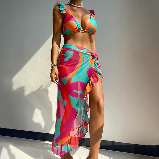 Women Colorful Printed Bikini Set and Chic Transparent Cover-up