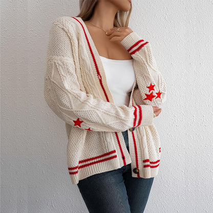Dames gros pull cardigan avec des applications d'étoiles élégantes et des détails contrastants Chic und Stil