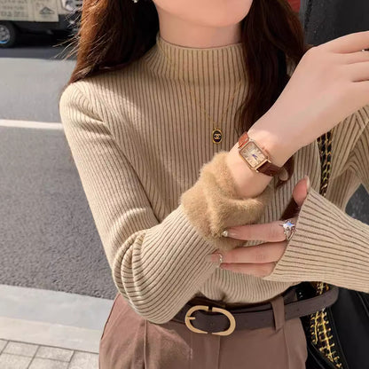 Dames Pull à côtes élégant avec col haut Chic und Stil