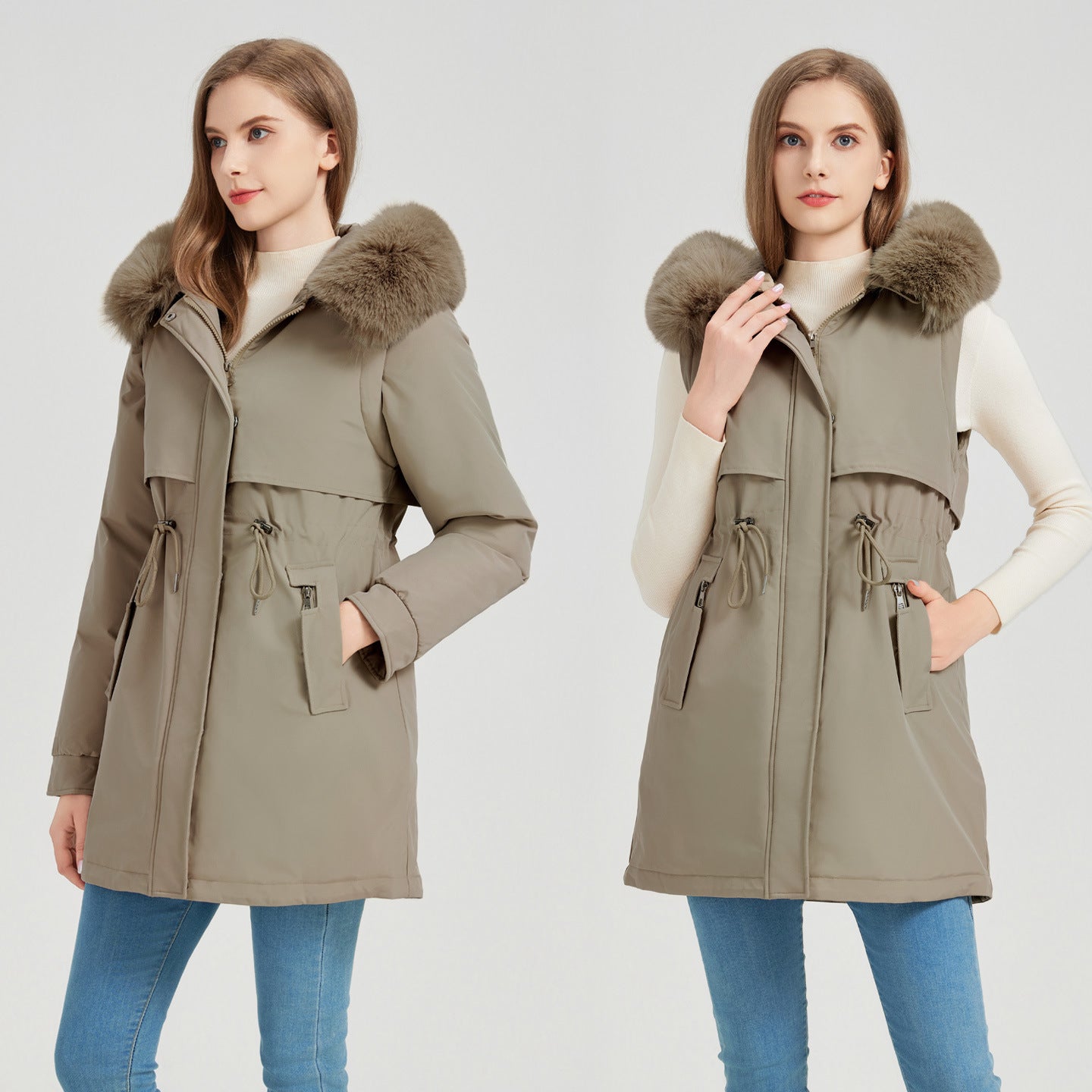 Functional jacket for women with removable faux fur collar and drawstring waist Chic und Stil