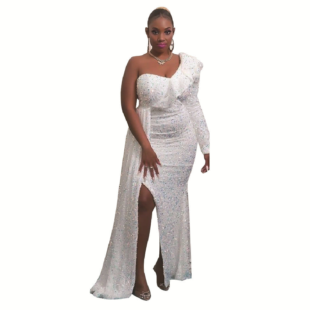 Femmes Robe maxi élégante sans épaules avec des accents scintillants et un design asymétrique Chic und Stil
