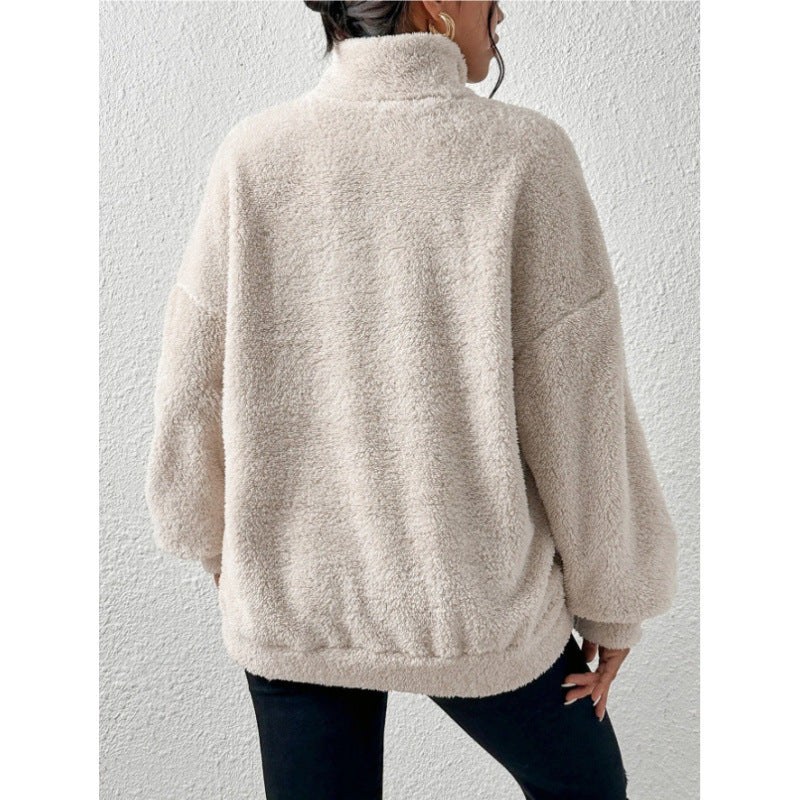 Dames Pull et Teddy Doux avec demi-zip et poche kangourou Chic und Stil