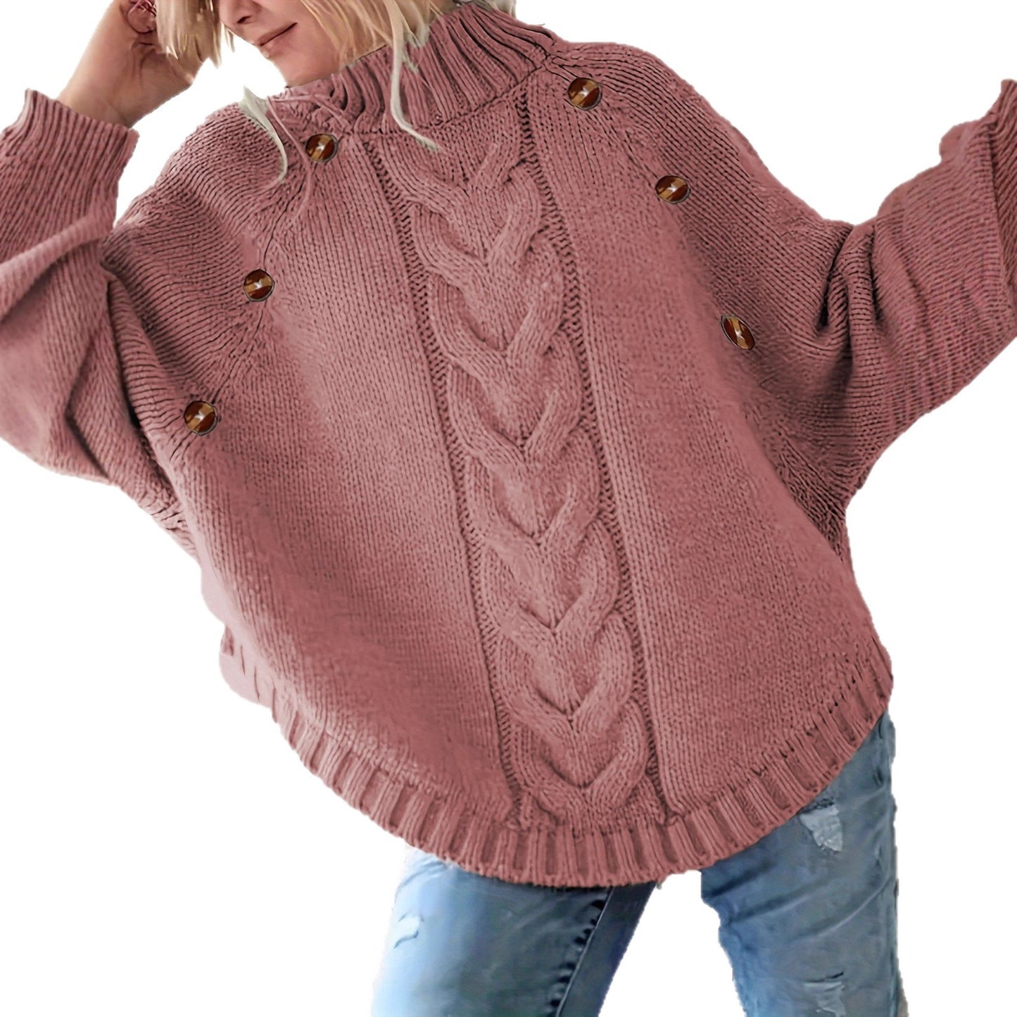 Pull en gros tricot pour femmes avec col haut et boutons décoratifs Chic und Stil